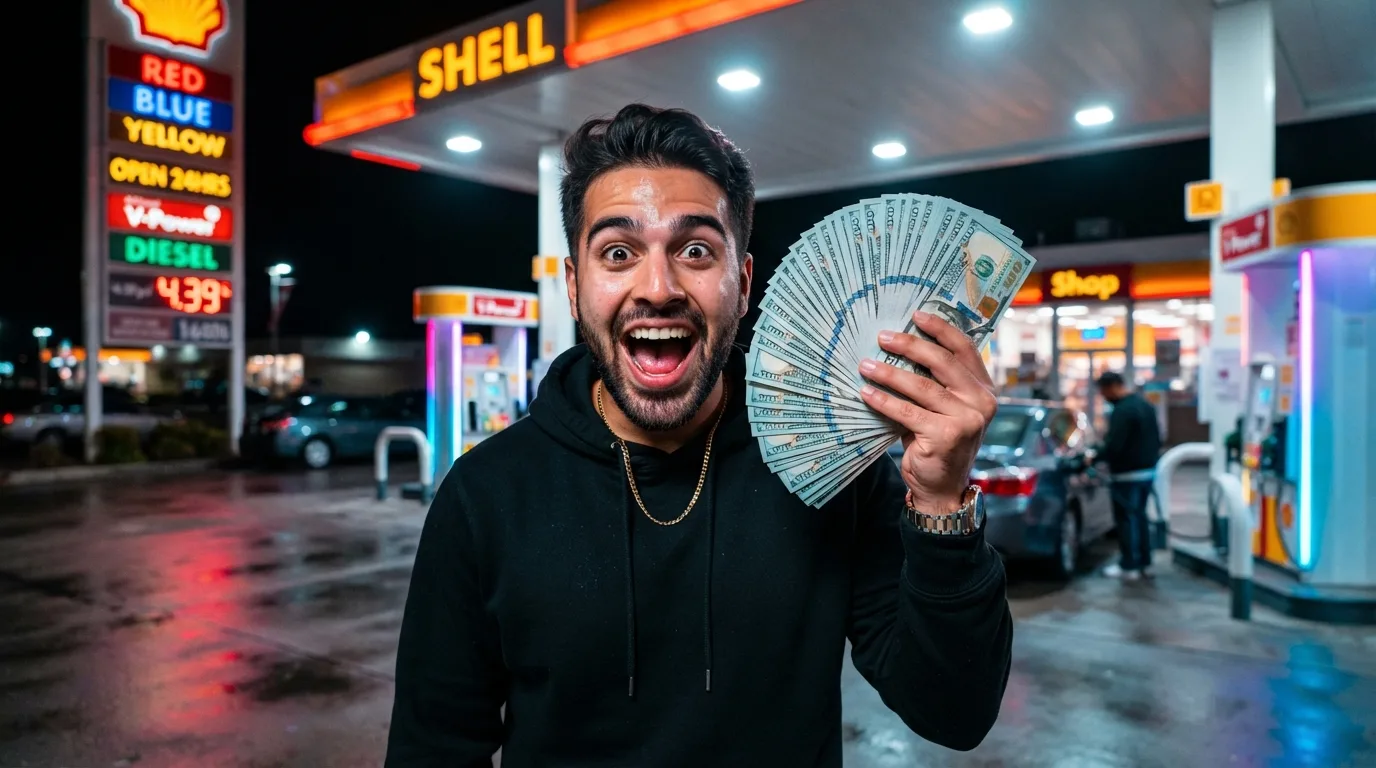 YouTube thumbnail: excited man holding a fan of cash at a neon-lit gas station at night