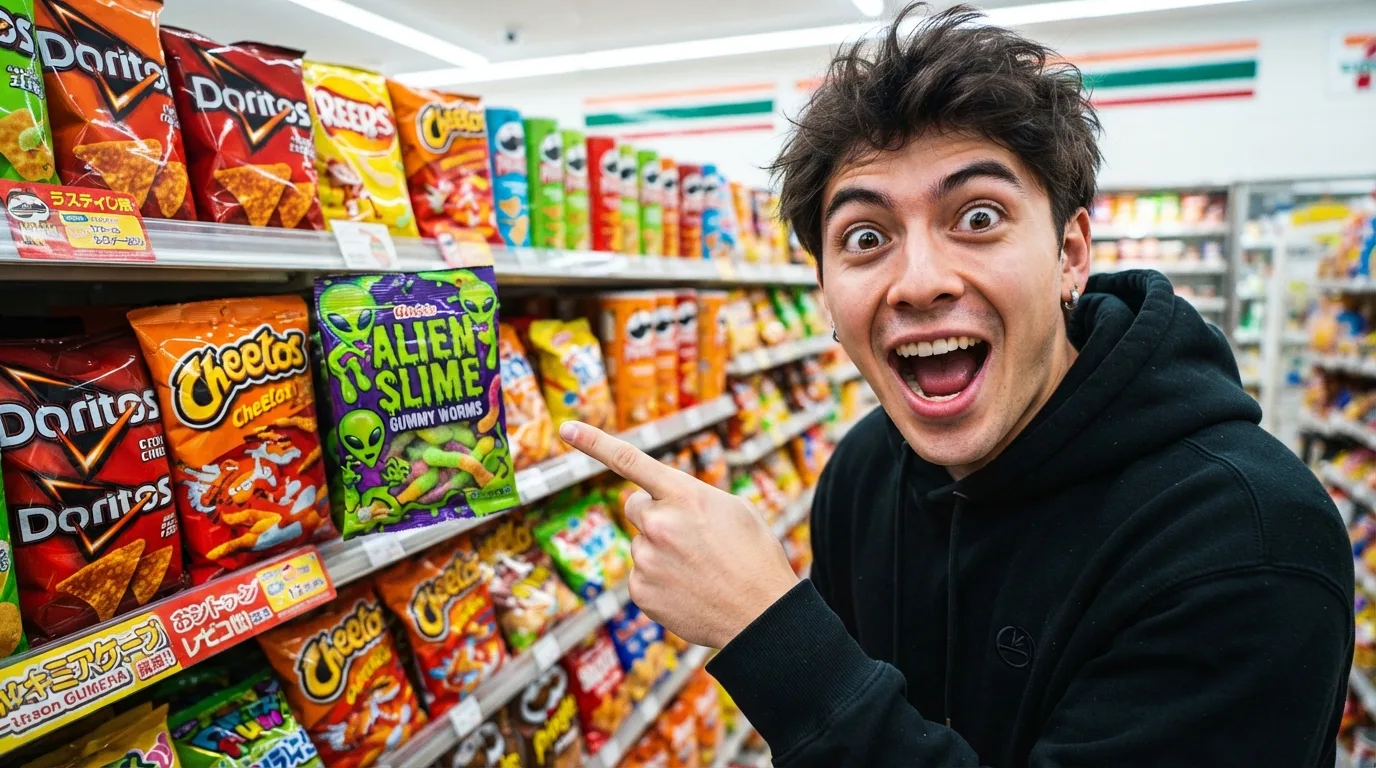 YouTube thumbnail: grinning man in a black hoodie pointing at a brightly lit convenience-store snack aisle