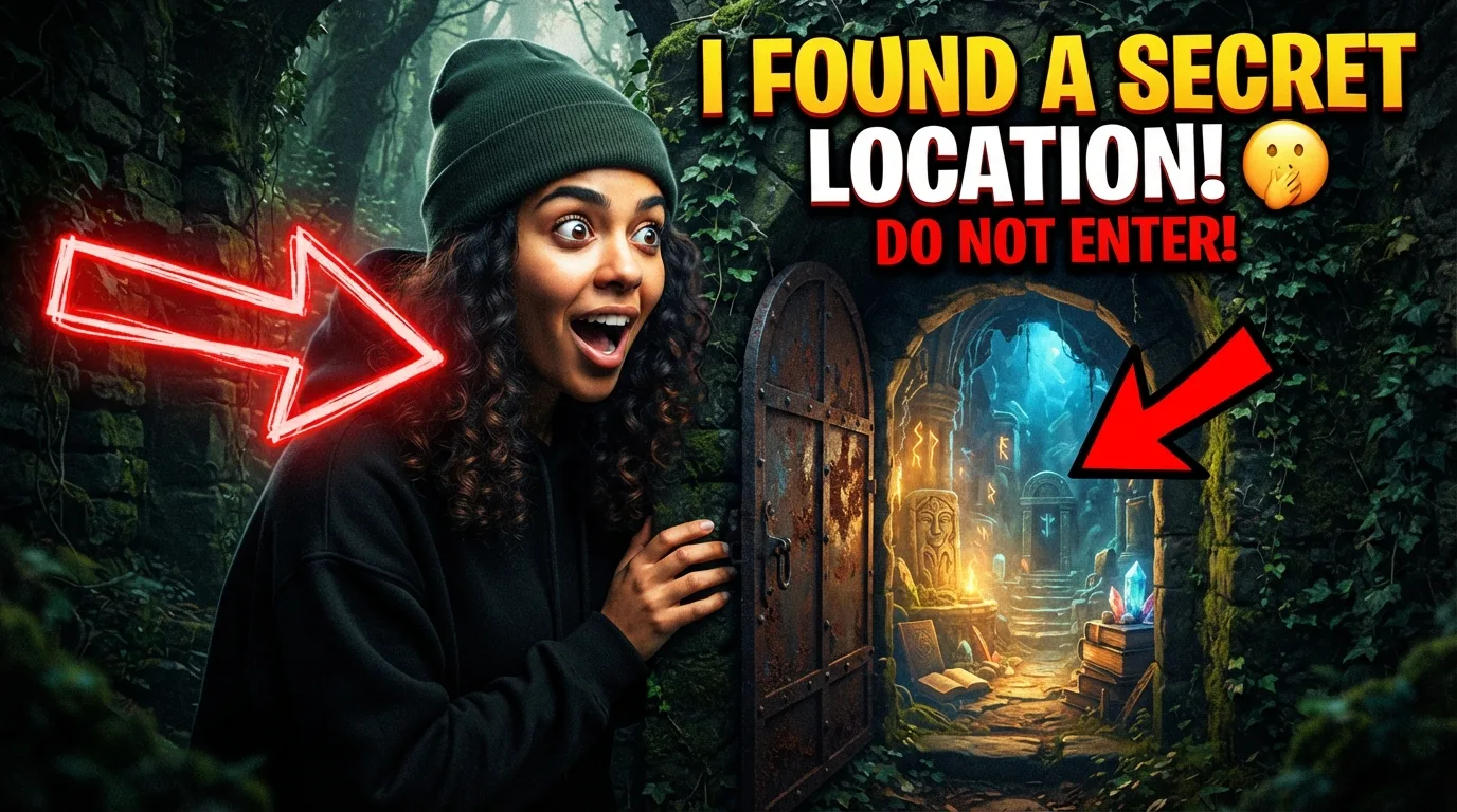 YouTube thumbnail: woman beside an old door opening onto a lit tunnel with bold 'I found a secret location!' text