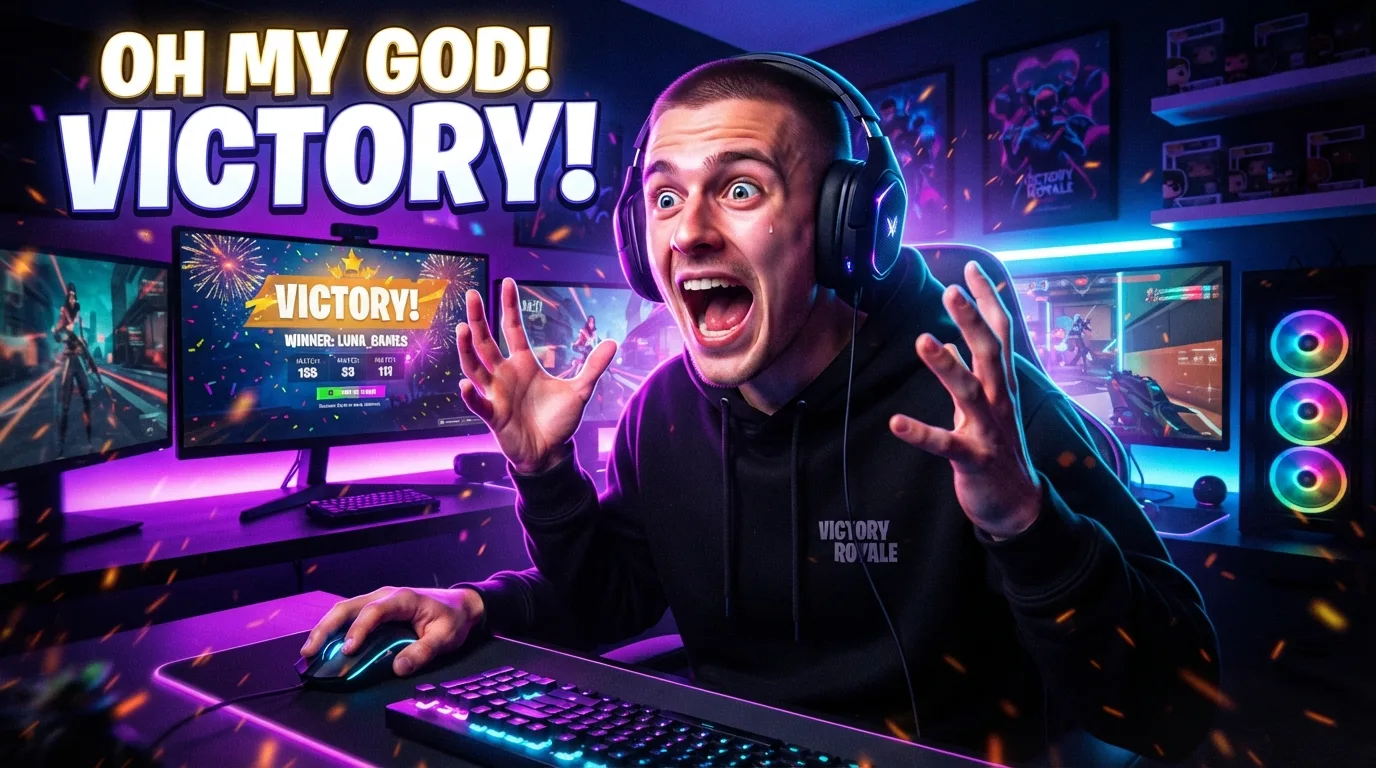 YouTube thumbnail: shouting gamer in a headset at an RGB-lit desk with bold 'oh my god! victory!' text