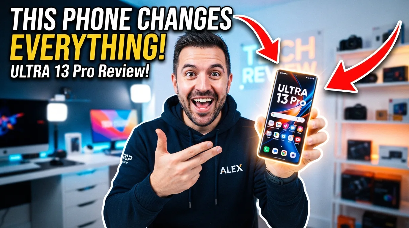 YouTube thumbnail: man in a studio holding up a phone with red arrows and bold 'this phone changes everything!' text