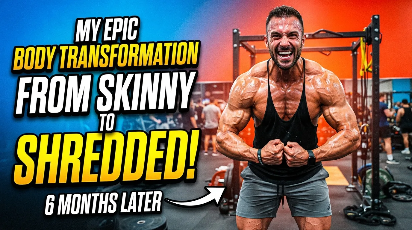 YouTube thumbnail: muscular man flexing in a gym under bold 'my epic body transformation from skinny to shredded!' text