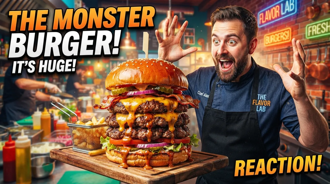 YouTube thumbnail: chef reacting to a towering stacked burger with bold 'the monster burger!' and 'it's huge!' text