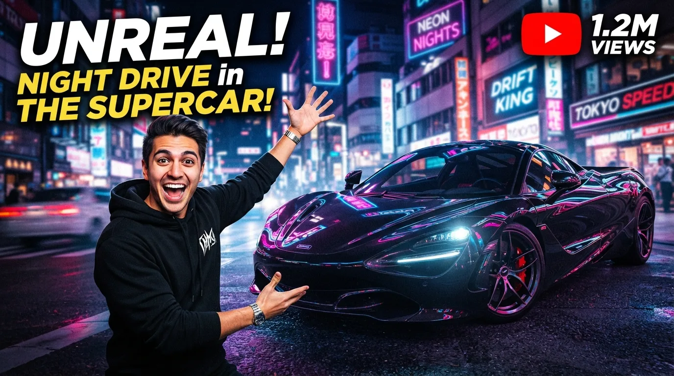 YouTube thumbnail: man beside a black supercar on a neon city street with bold 'night drive in the supercar!' text