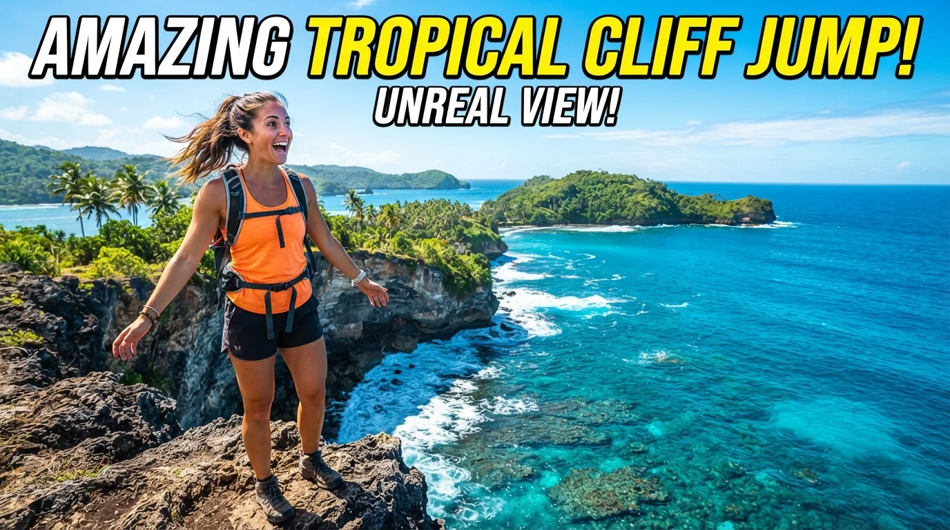 YouTube thumbnail: smiling woman on a tropical cliff above turquoise sea with bold 'amazing tropical cliff jump!' text